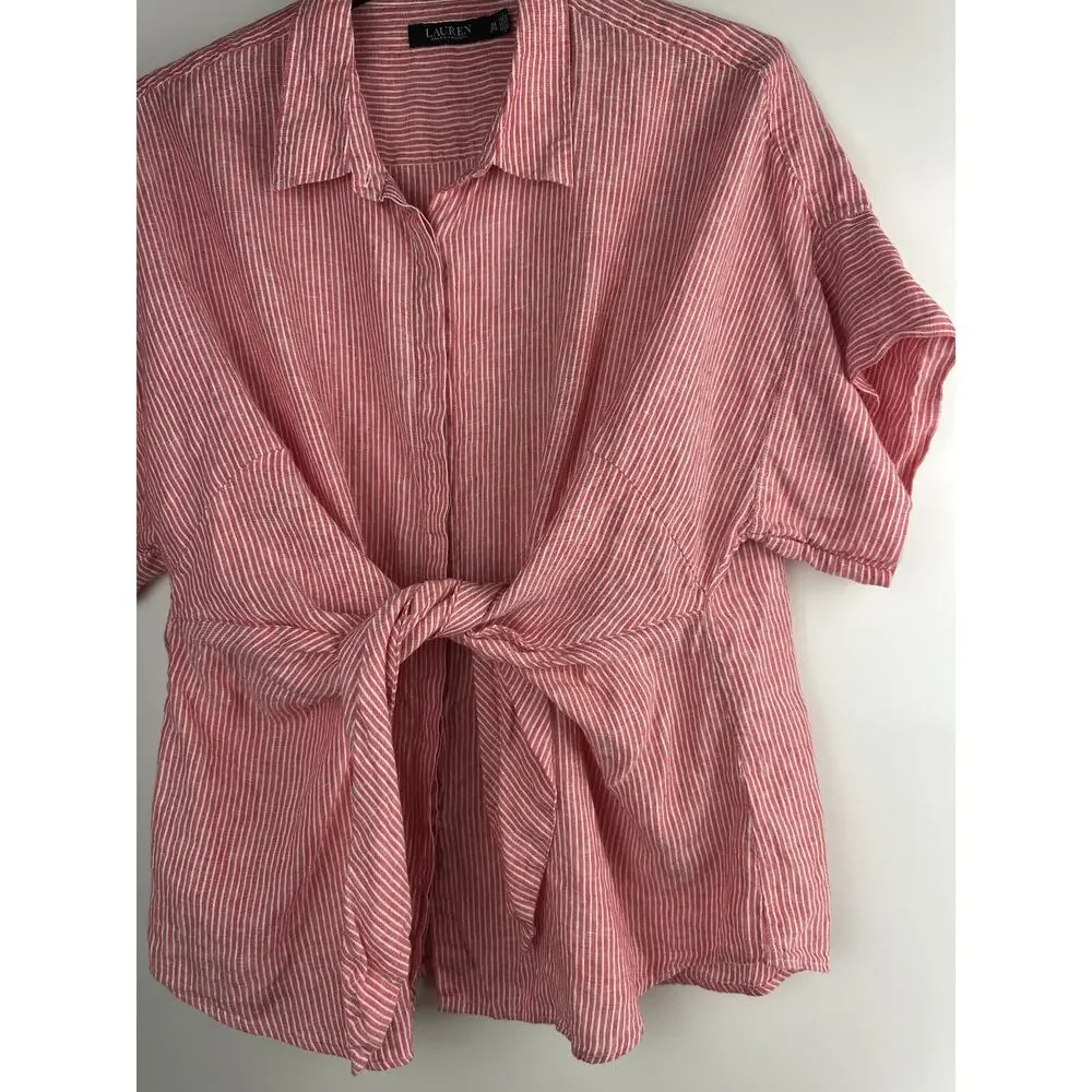 Lauren Ralph Lauren Striped Tie-Front Linen Shirt Red White Women's Plus Size 3X - Picture 5 of 10